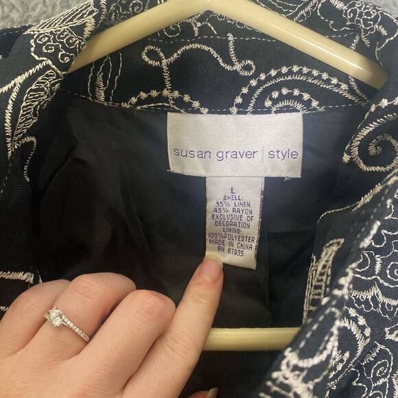 Susan Graver style embroidered linen blend blazer jacket black button FLAWED L - Picture 6 of 7